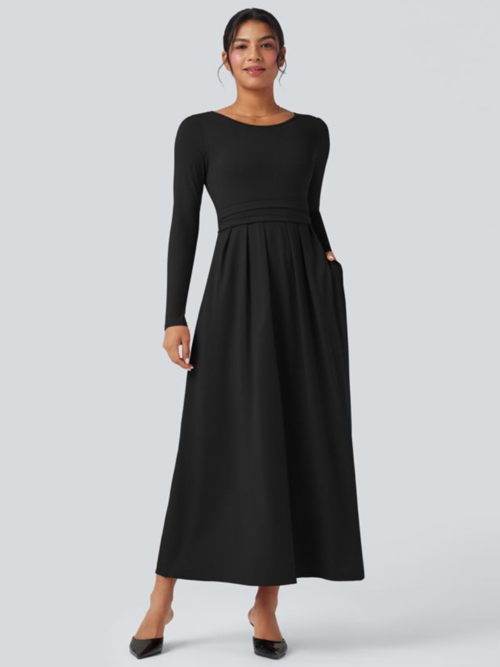 Halara Scoop Neck Long Sleeve Flare Maxi Casual Dress with Pockets New
